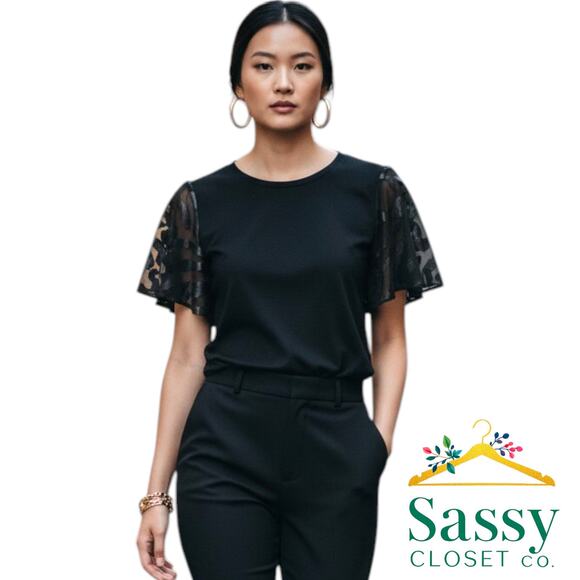 Michael Kors Tops - MICHAEL KORS Black Sheer Metallic Flutter Sleeve Top XL Cotton Modal RE25 EUC